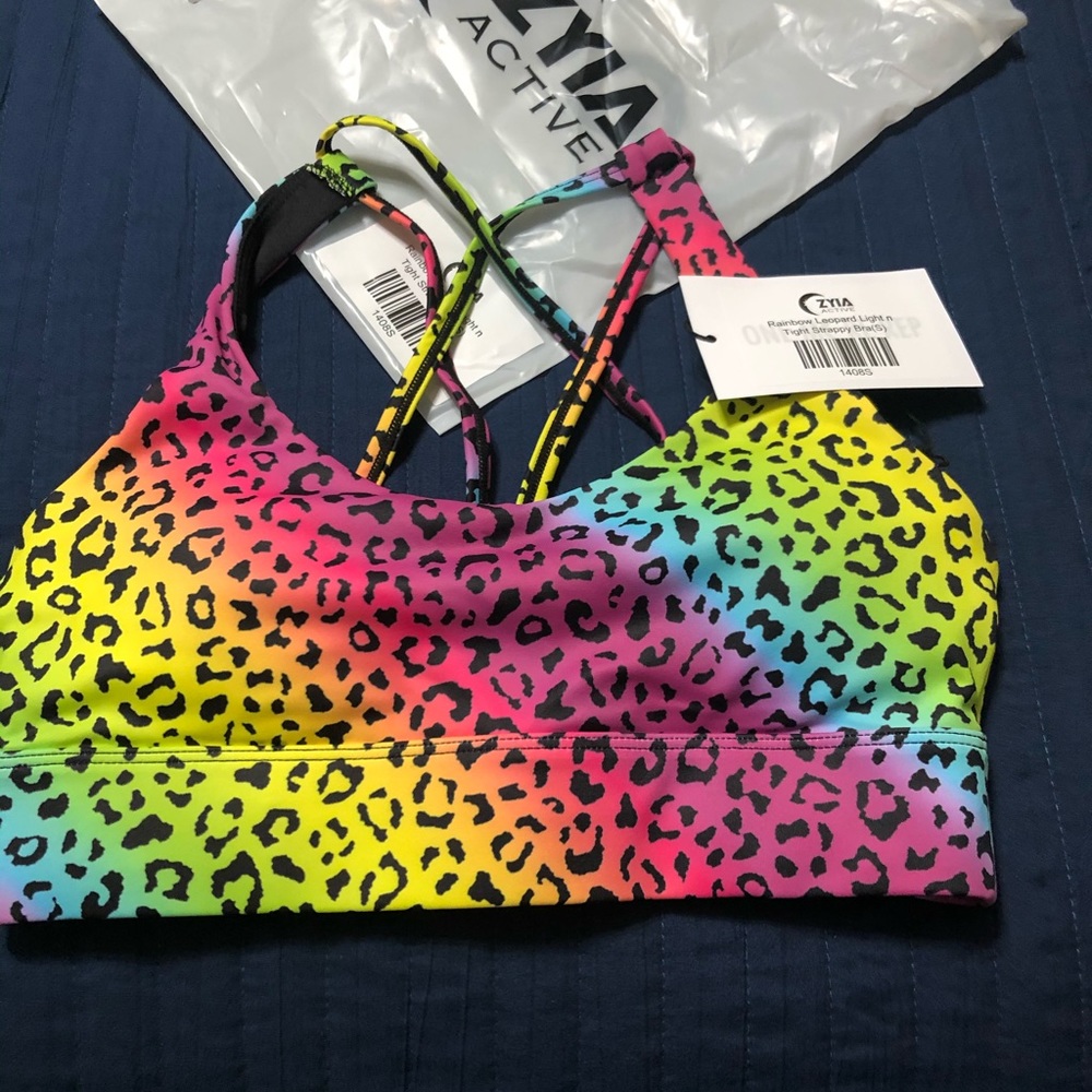 zyia rainbow leopard sports bra
